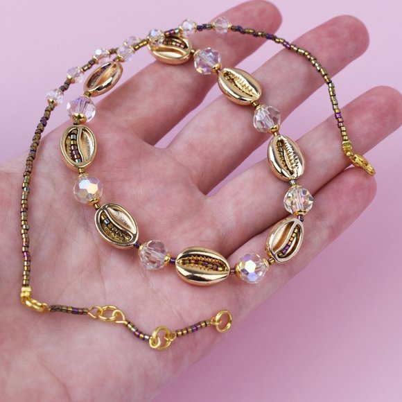 Jewelry - Gold puka shell choker necklace, sea shell seed bead choker